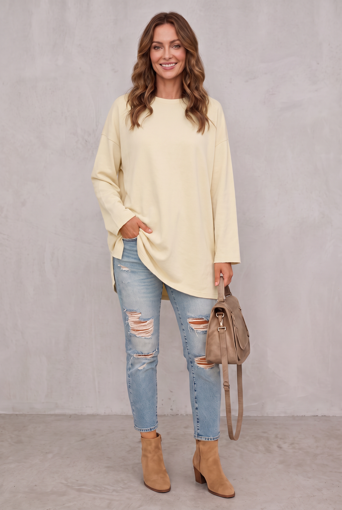 Relaxed Long Sleeve Tunic Top For Women - Cream