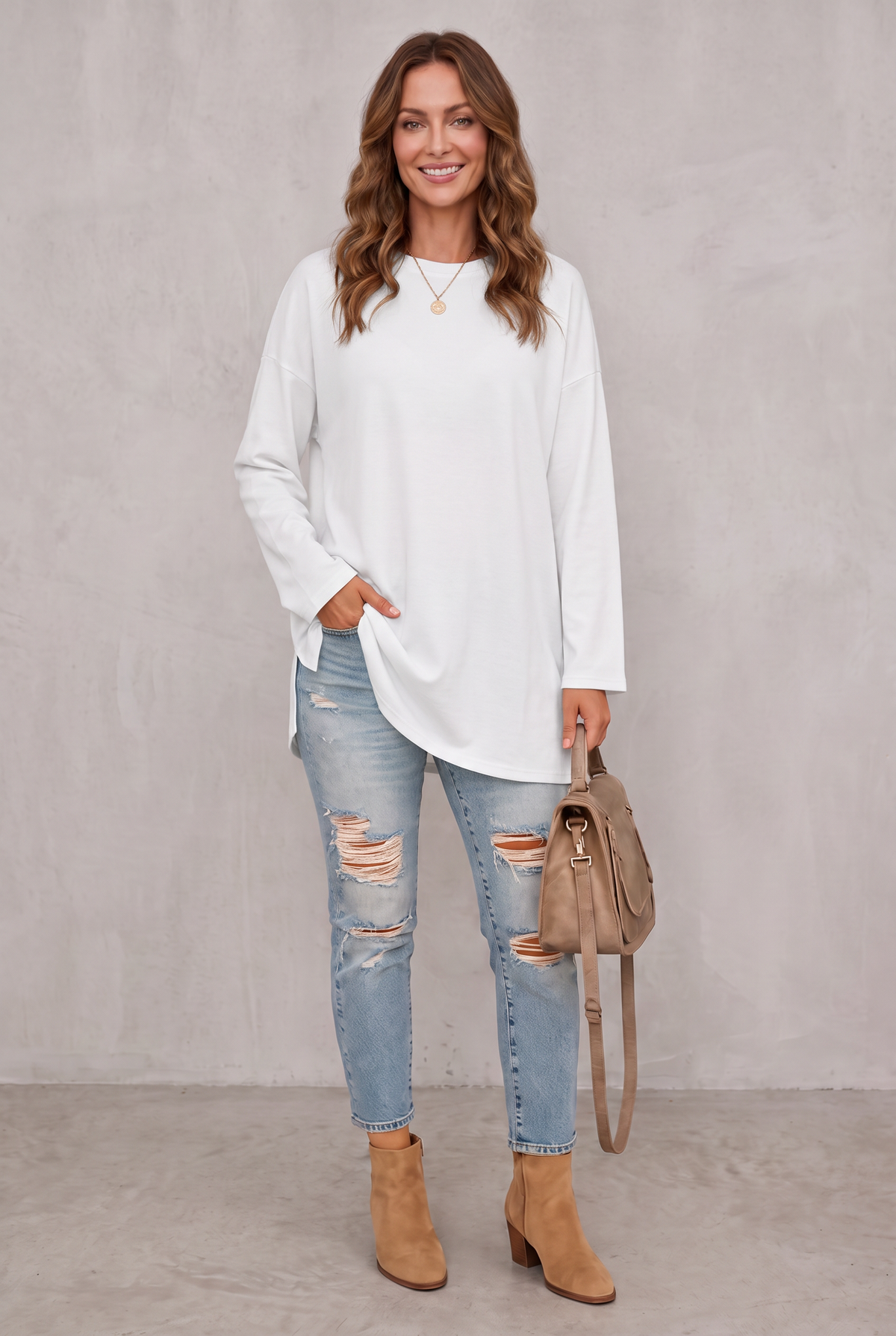 Relaxed Long Sleeve Tunic Top For Women - White