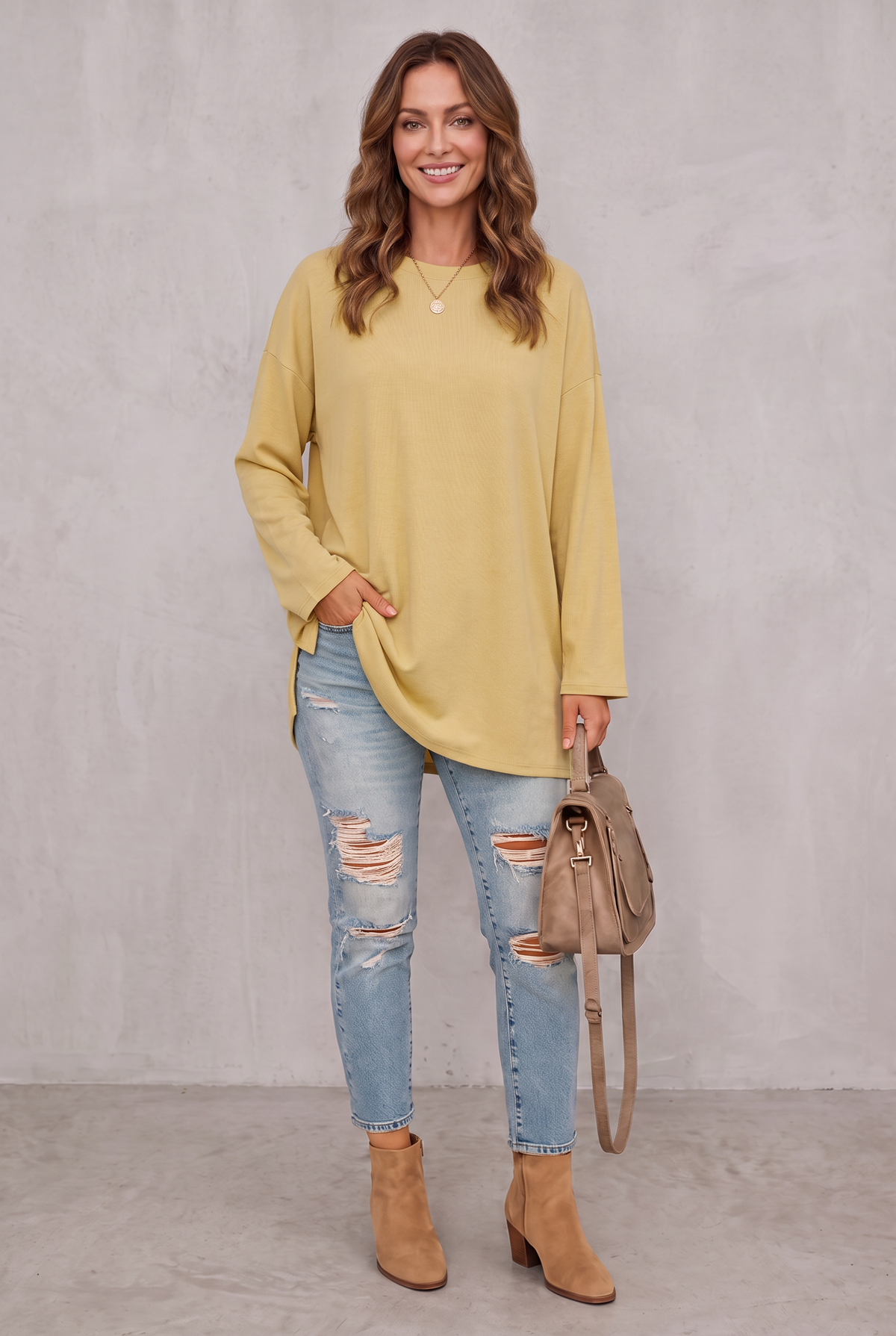 Relaxed Long Sleeve Tunic Top For Women - Yellow