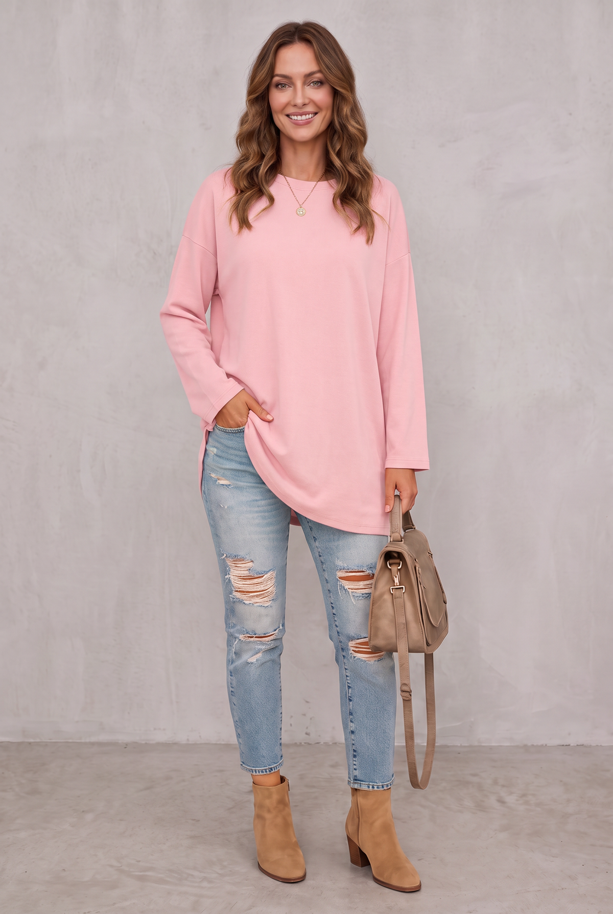 Relaxed Long Sleeve Tunic Top For Women - Rose