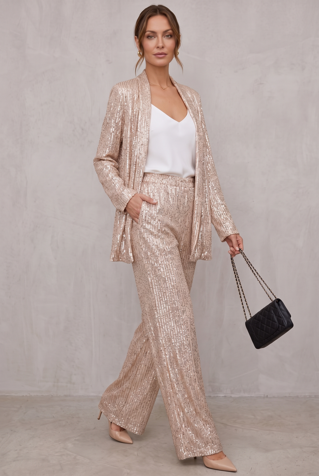 Sequin Two-Piece Set With High-Waisted Pants For Women