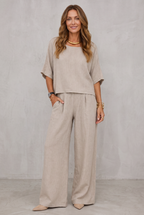 Relaxed Linen Look Wide Leg Pants Set For Women