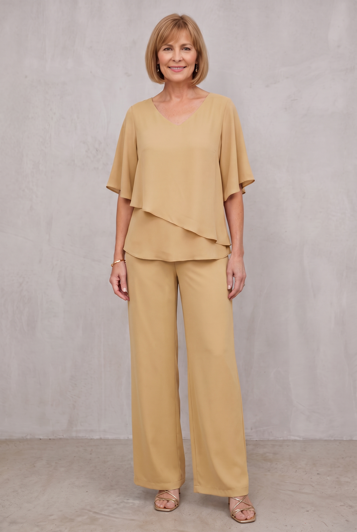 Elegant Two-Piece Chiffon Set For Women - Gold