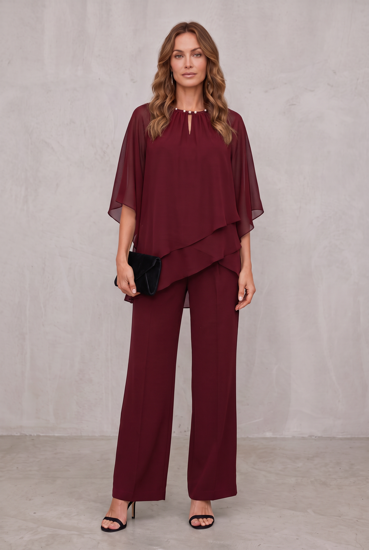 Elegant Layered Two-Piece Set For Women - Burgundy