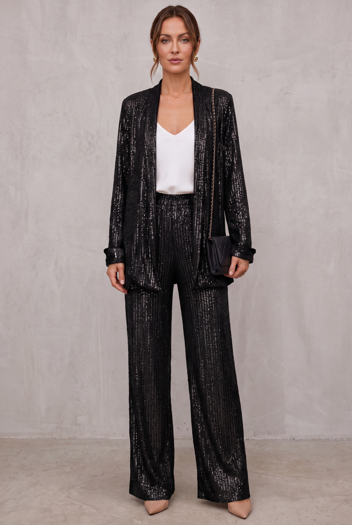Sequin Two-Piece Set With High-Waisted Pants For Women - Black