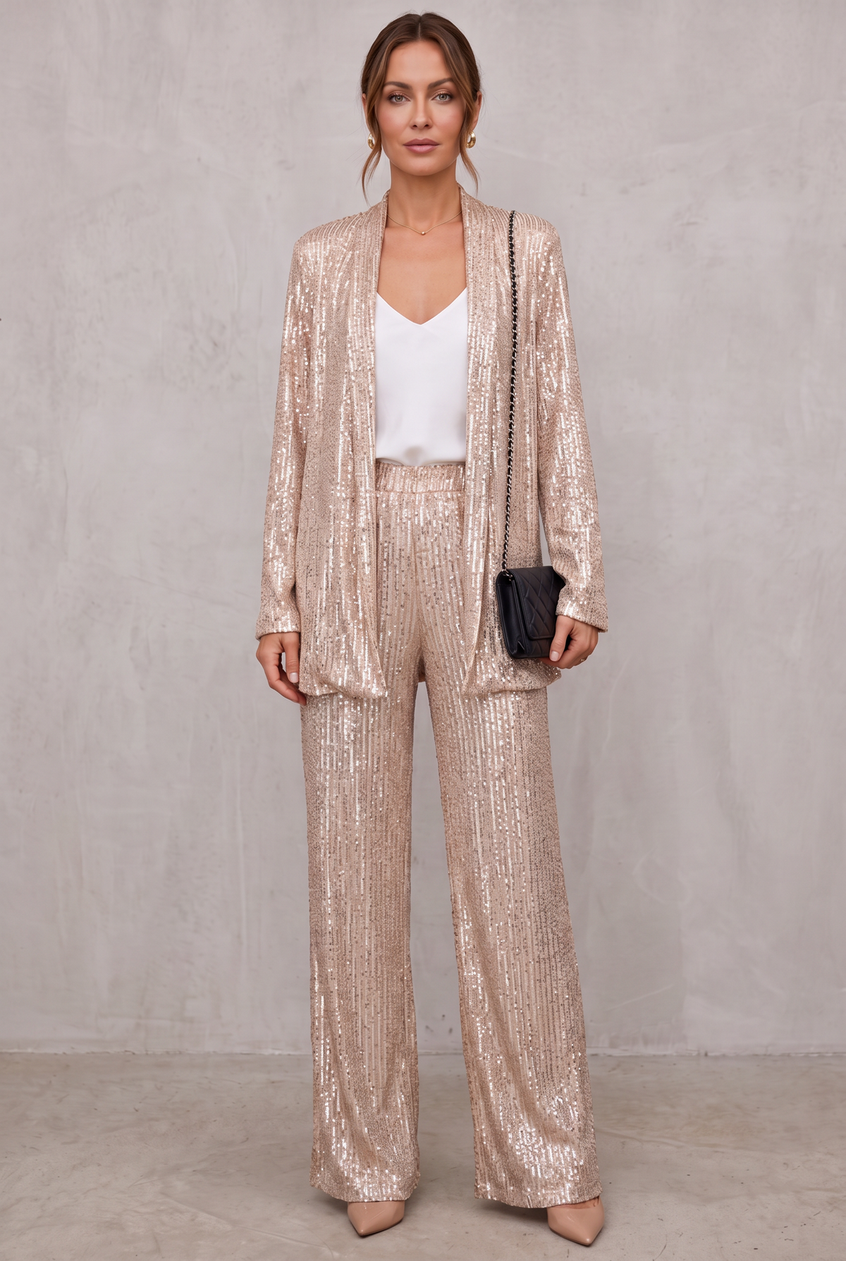Sequin Two-Piece Set With High-Waisted Pants For Women - Silver