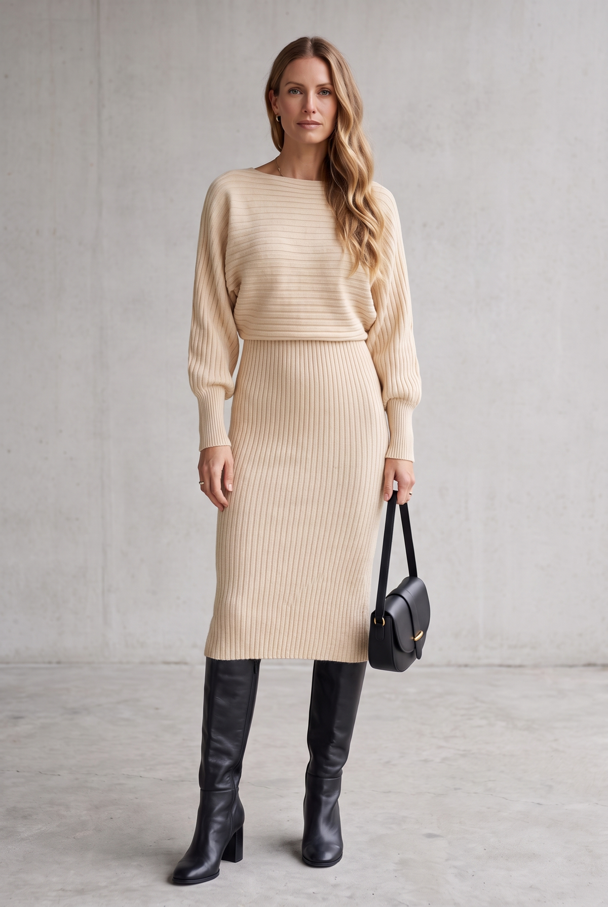Ribbed Knit Midi Set For Women - White