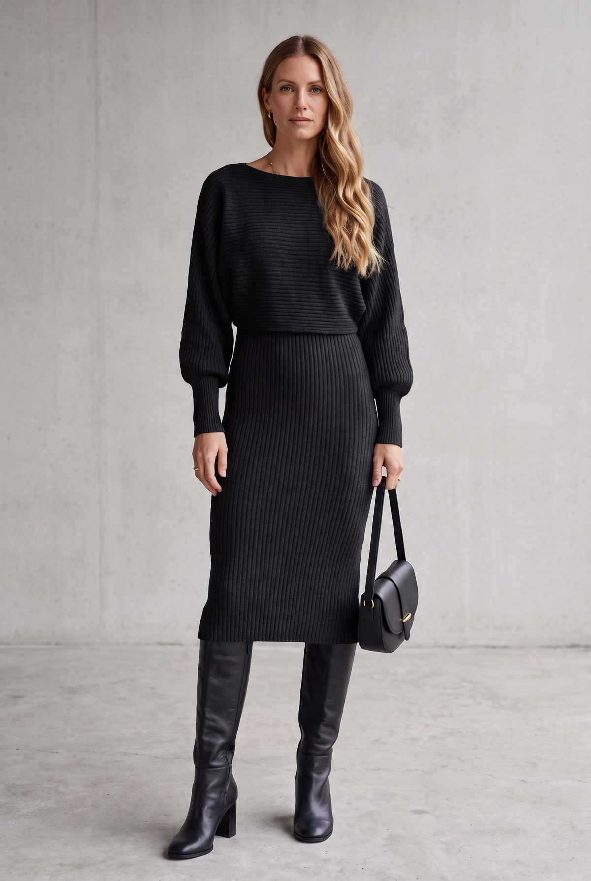 Ribbed Knit Midi Set For Women - Black