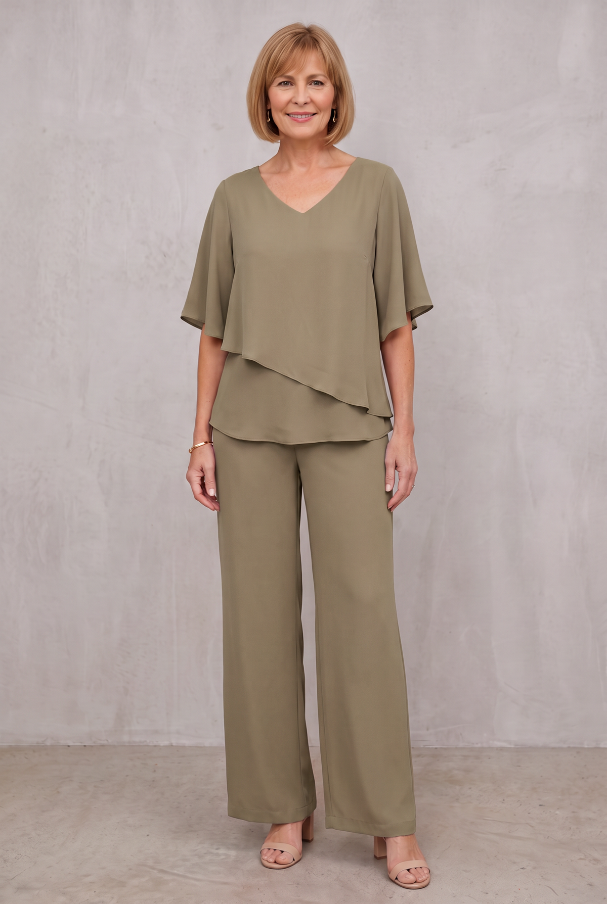 Elegant Two-Piece Chiffon Set For Women - Khaki