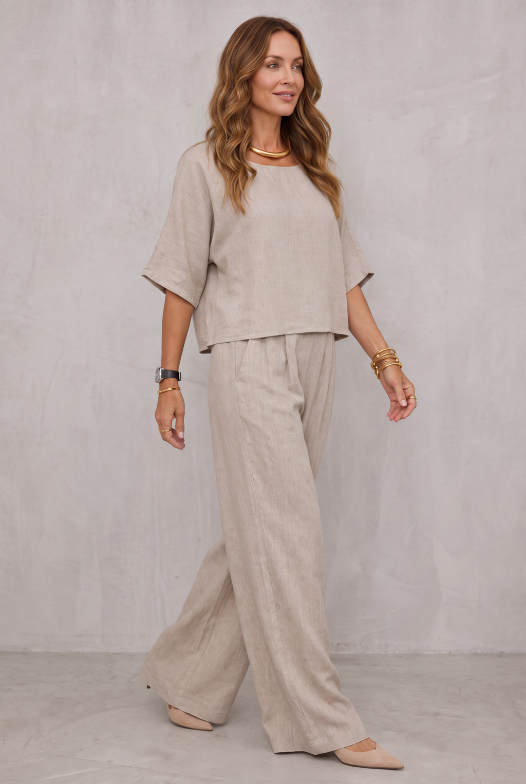Relaxed Linen Look Wide Leg Pants Set For Women