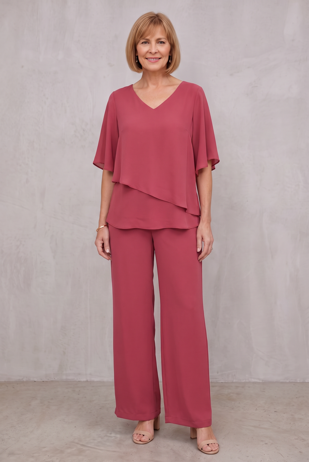 Elegant Two-Piece Chiffon Set For Women - Red Rose