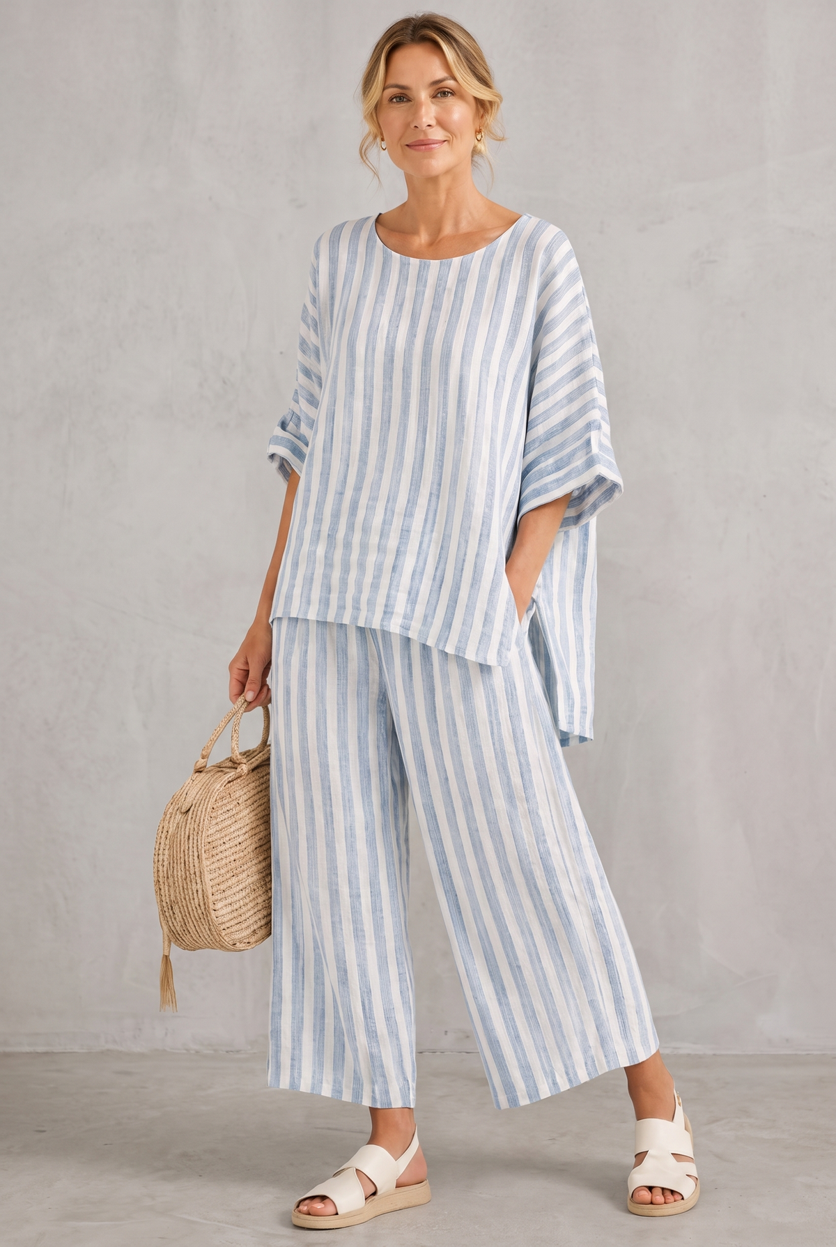 Striped Linen Look Top & Wide Leg Pants Set For Women