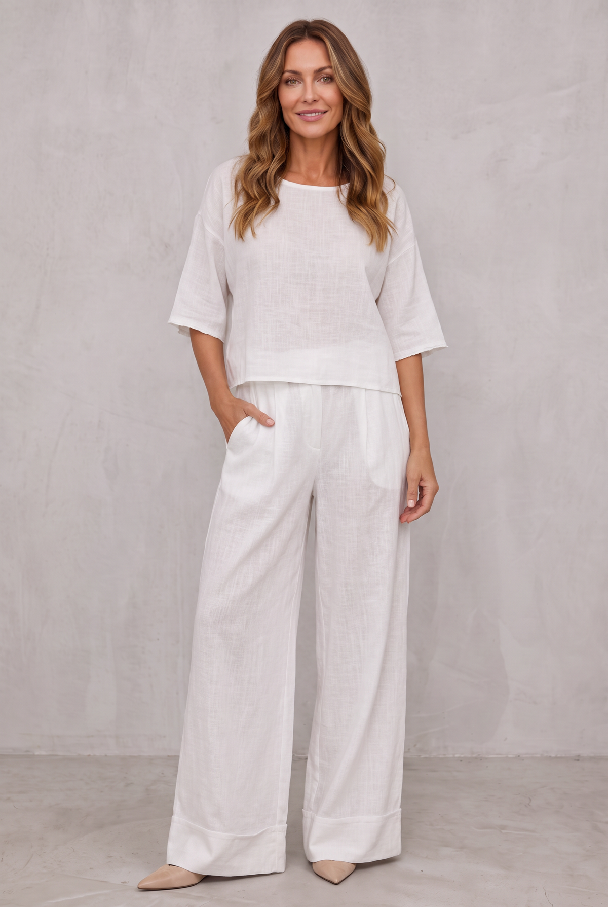 Relaxed Linen Look Wide Leg Pants Set For Women - White