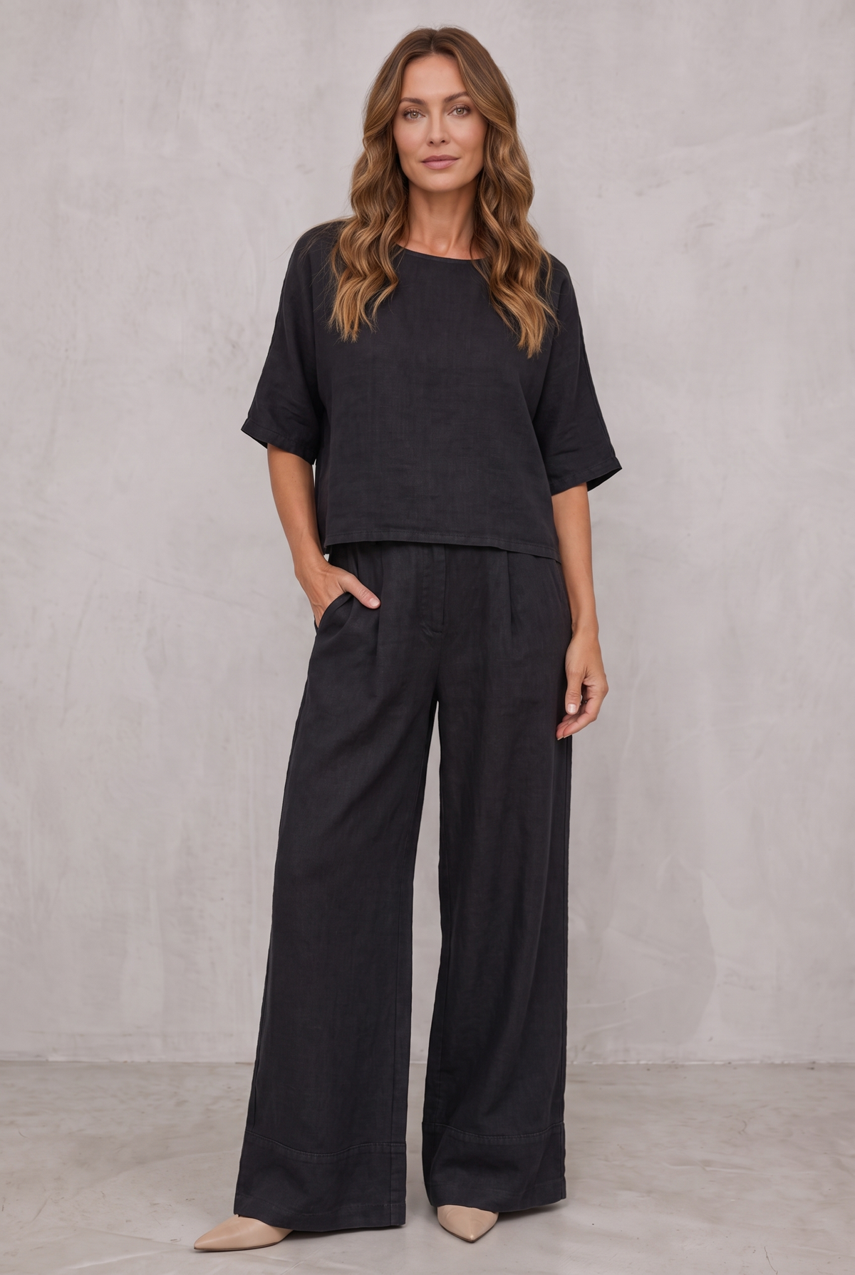 Relaxed Linen Look Wide Leg Pants Set For Women - Black