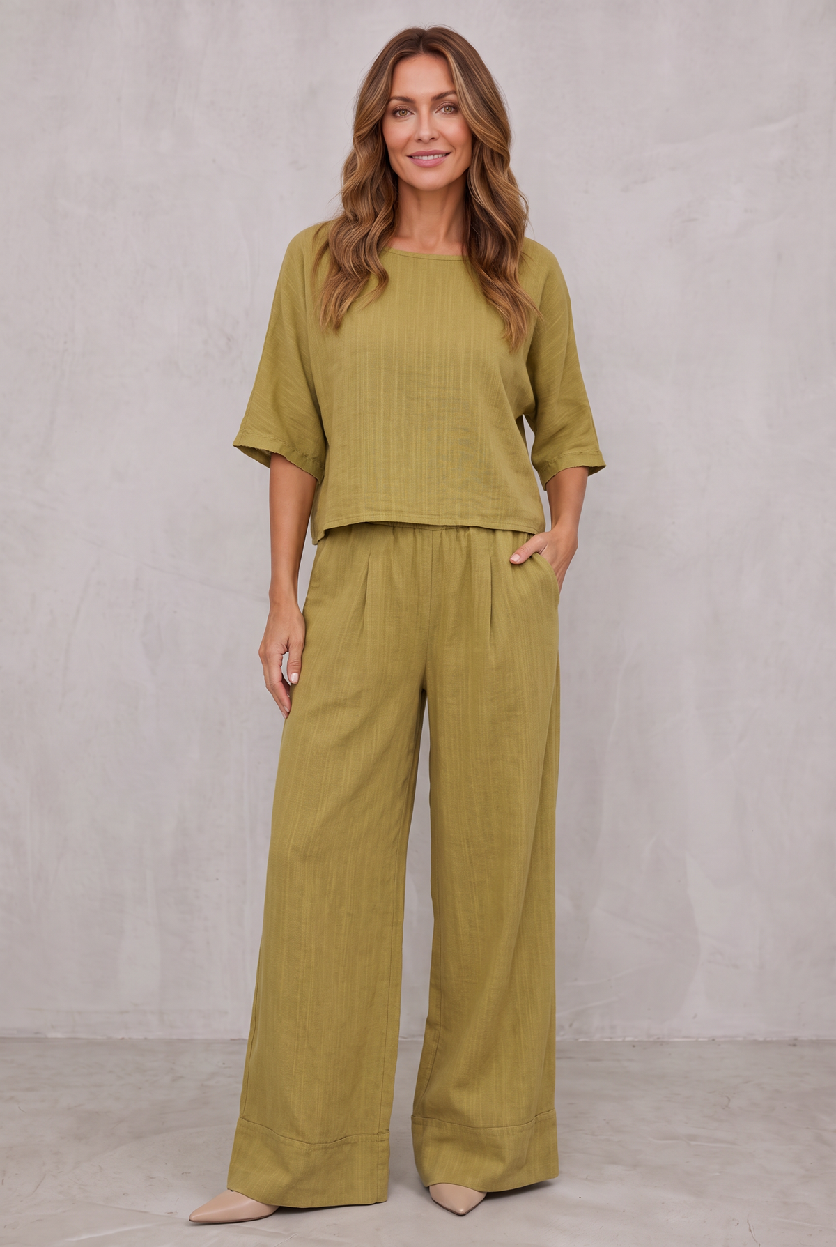 Relaxed Linen Look Wide Leg Pants Set For Women - Yellow