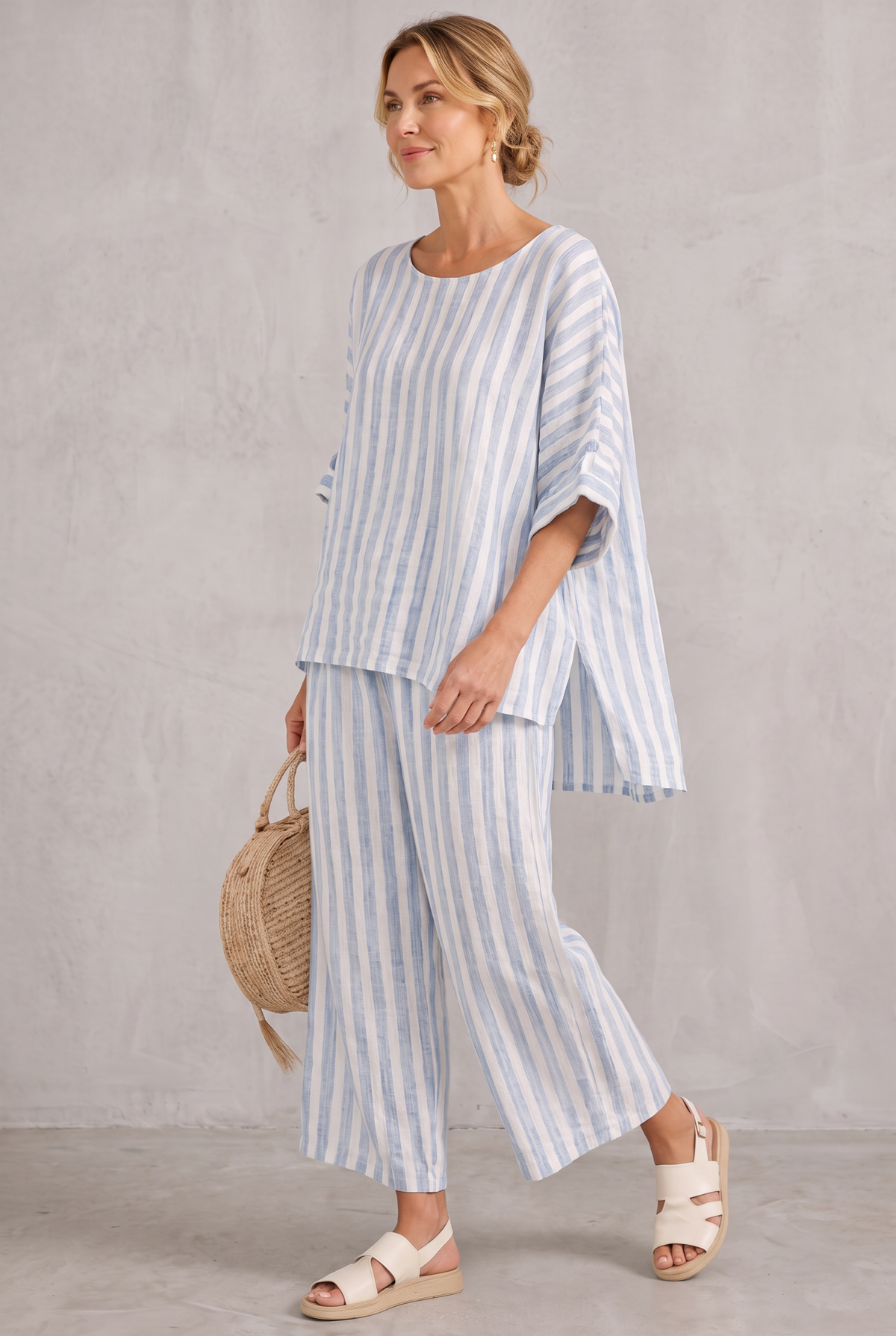 Striped Linen Look Top & Wide Leg Pants Set For Women