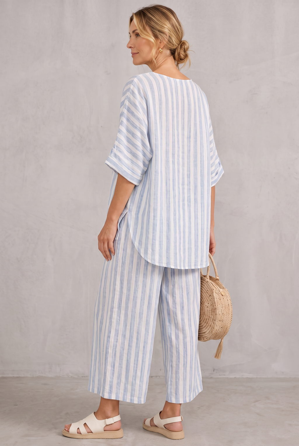 Striped Linen Look Top & Wide Leg Pants Set For Women