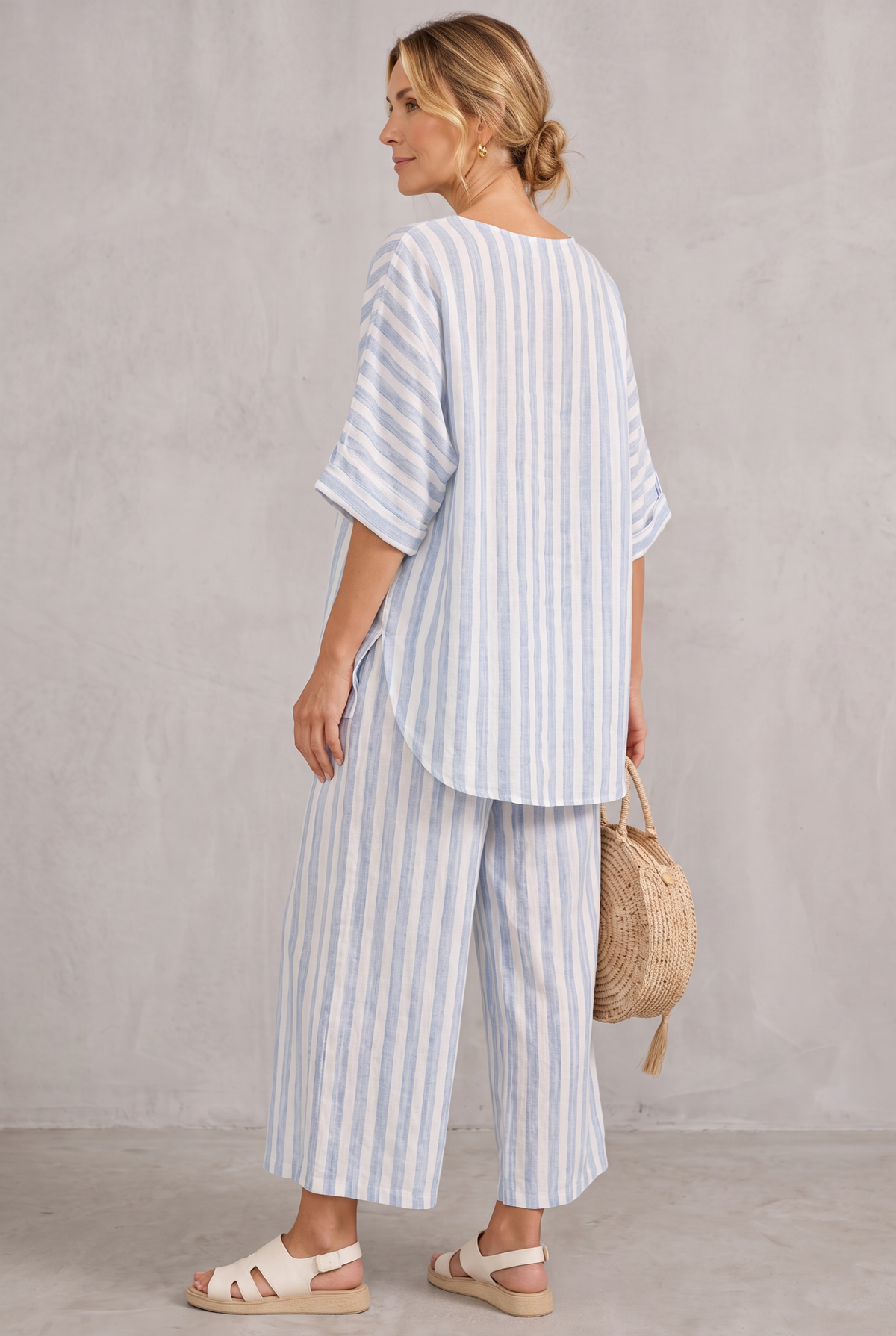 Striped Linen Look Top & Wide Leg Pants Set For Women