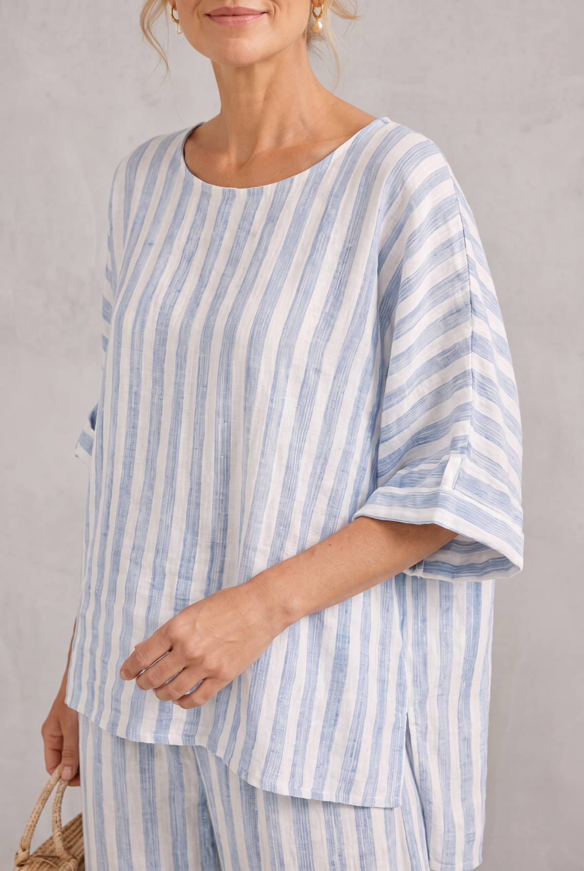 Striped Linen Look Top & Wide Leg Pants Set For Women