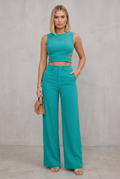 Teal Crop Top And Wide Leg Pants Set For Women