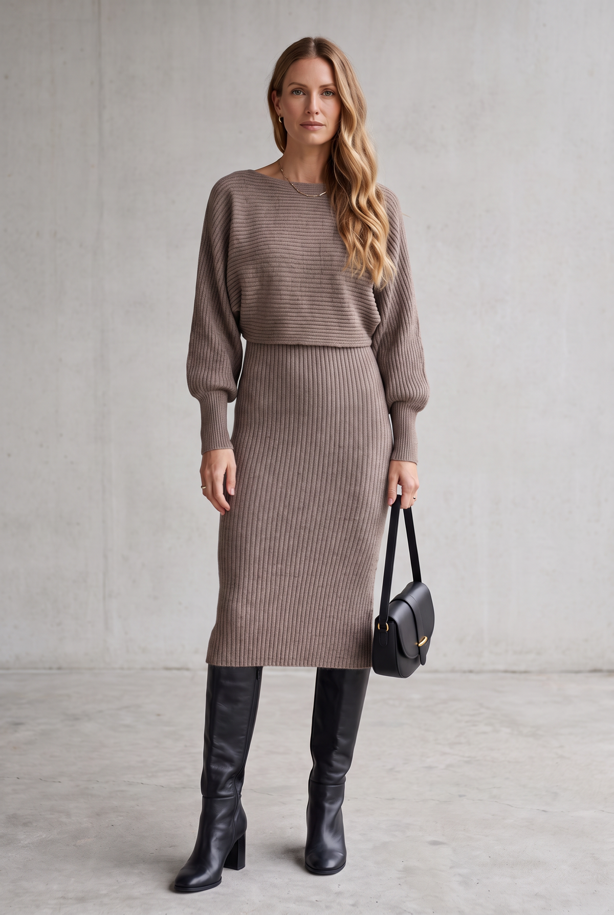 Ribbed Knit Midi Set For Women - Brown