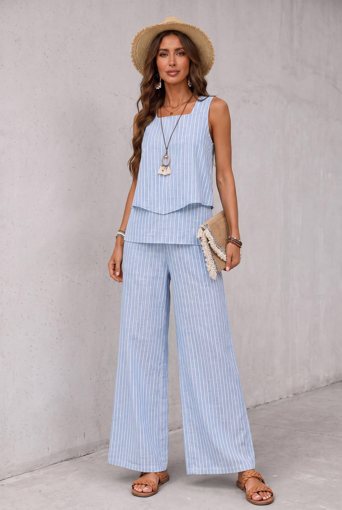Floral Pant Set - Blue Stripes