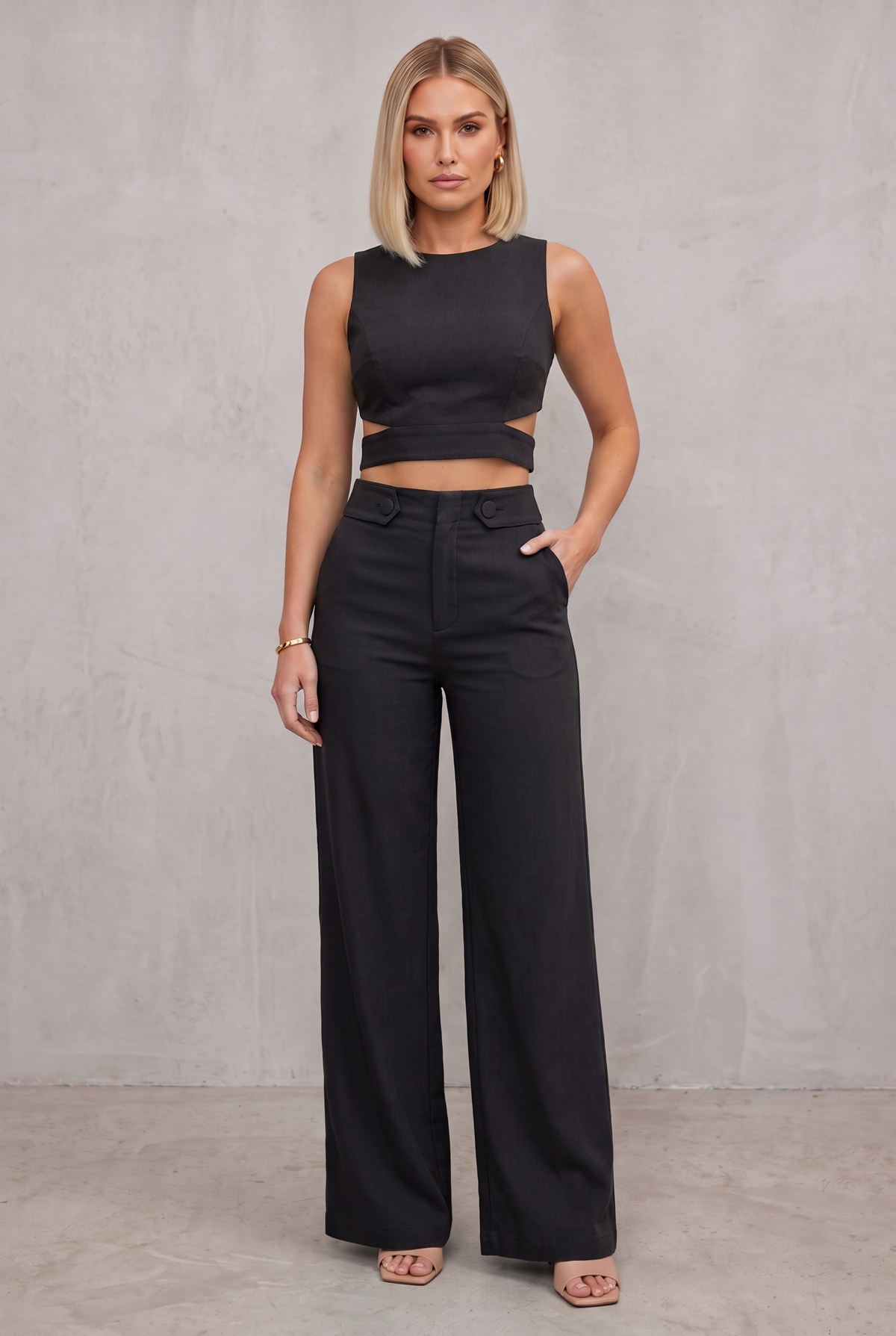 Teal Crop Top And Wide Leg Pants Set For Women - Black
