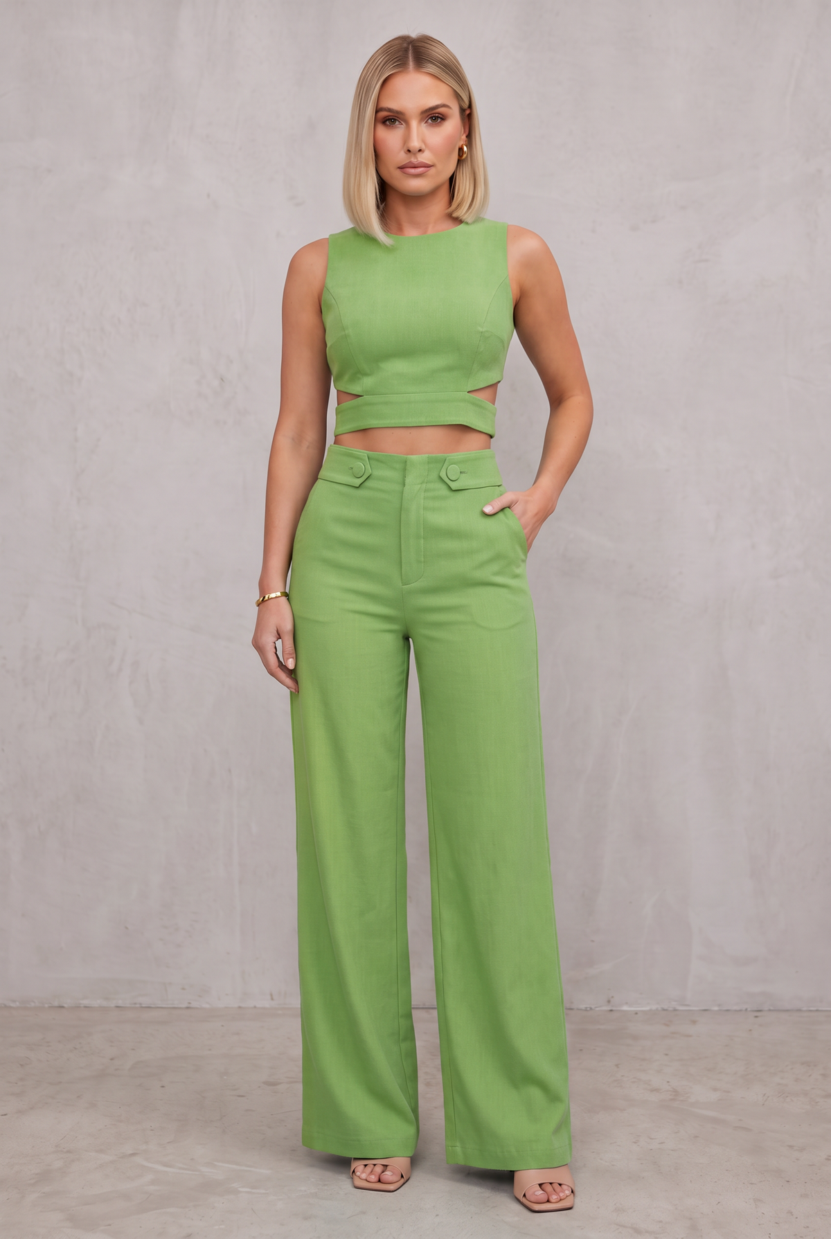 Teal Crop Top And Wide Leg Pants Set For Women - Green