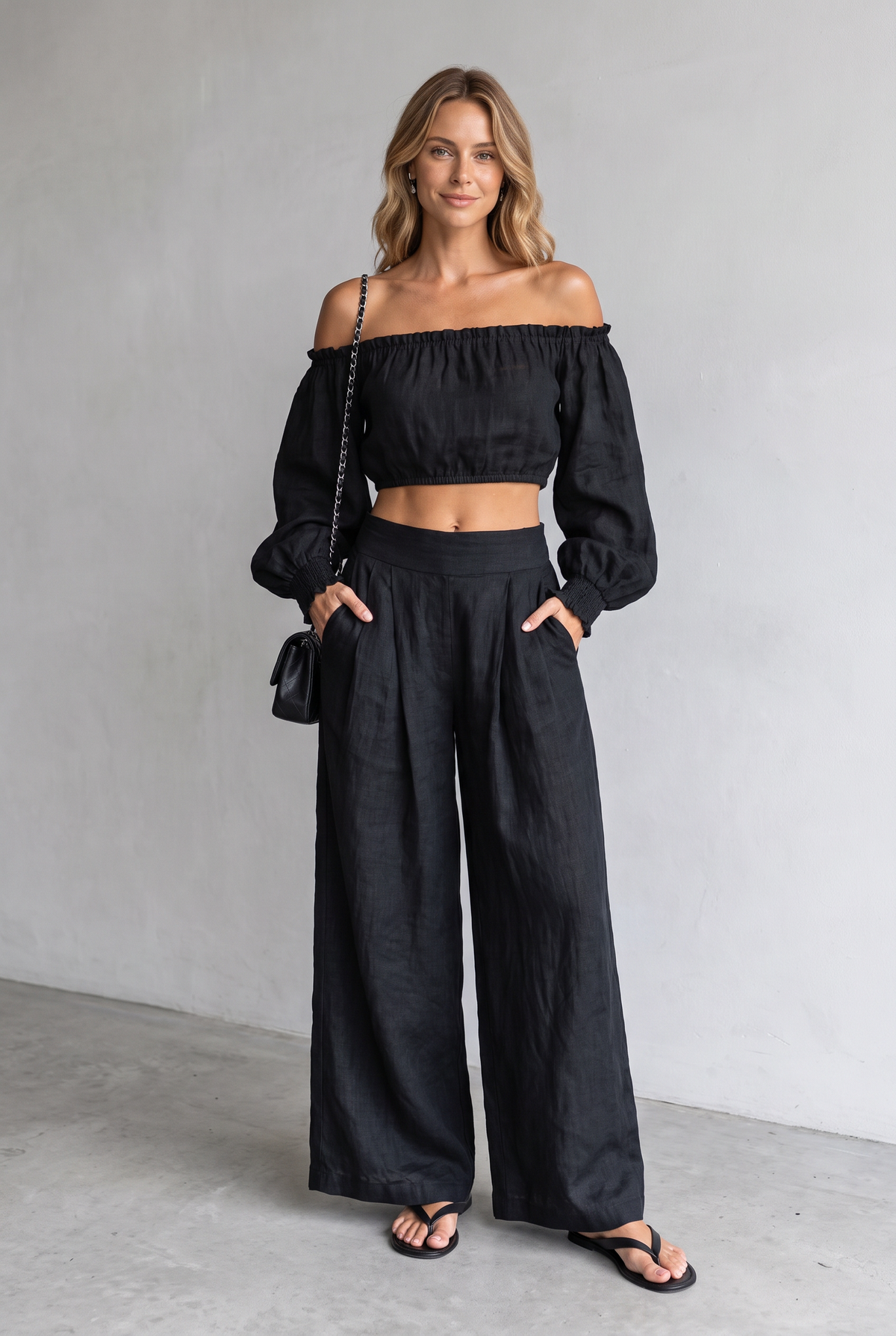 Strapless Linen Look Set With Wide-Leg Pants For Women