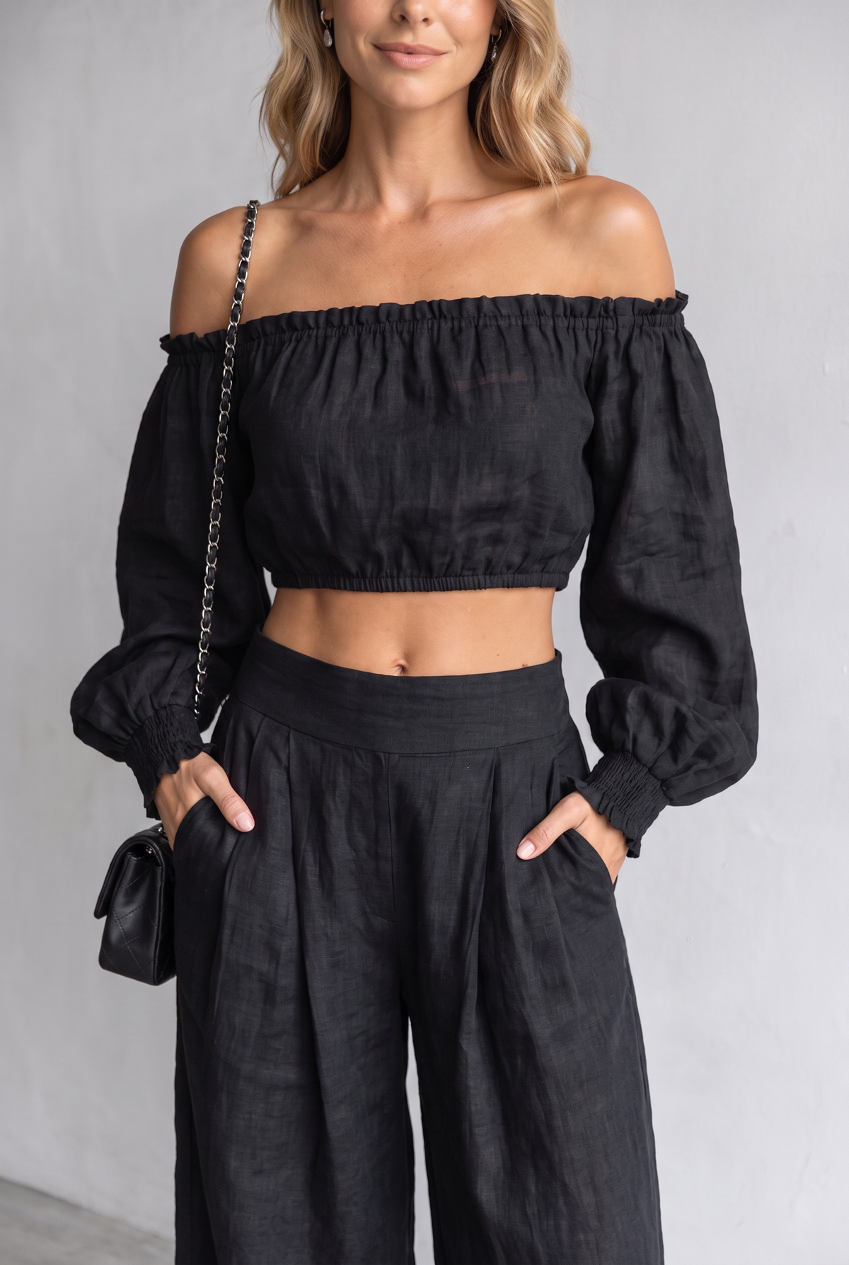 Strapless Linen Look Set With Wide-Leg Pants For Women