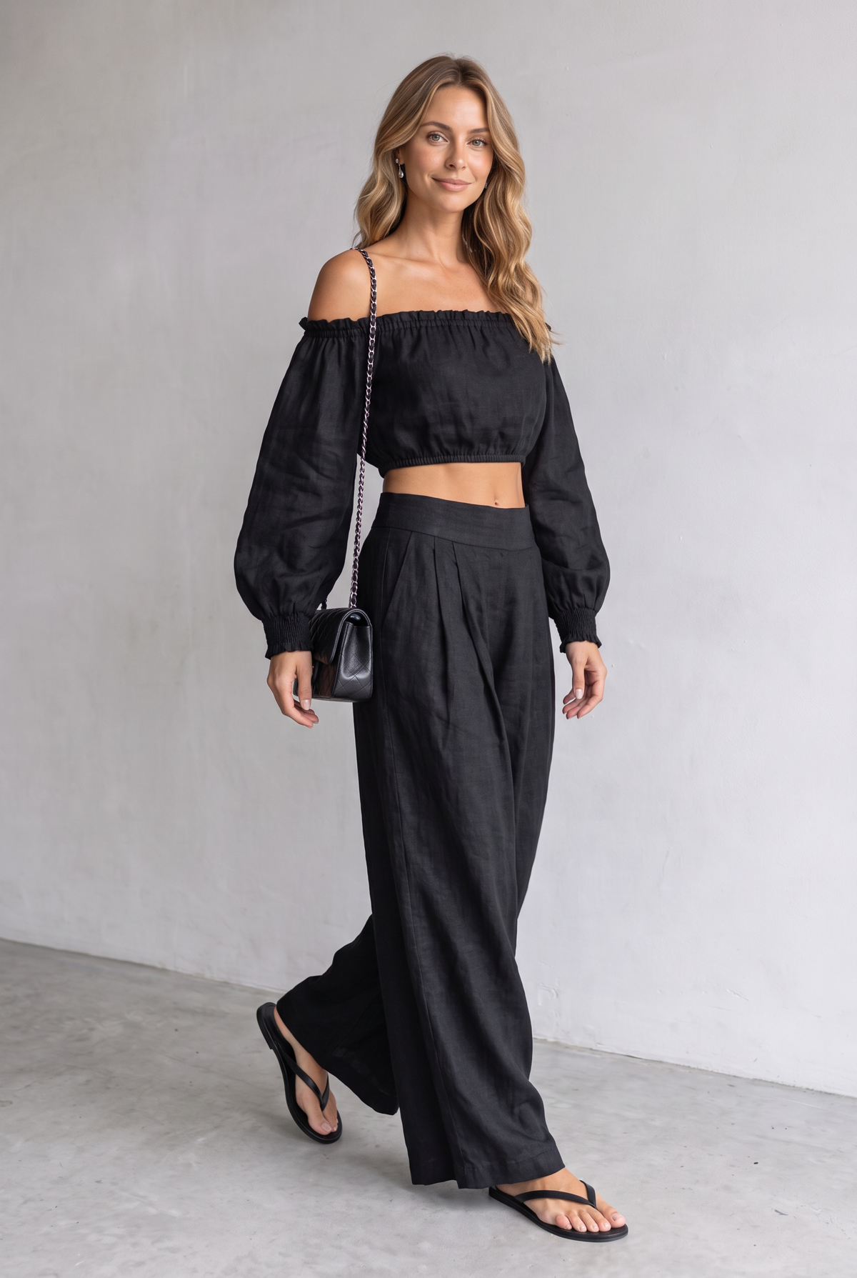 Strapless Linen Look Set With Wide-Leg Pants For Women