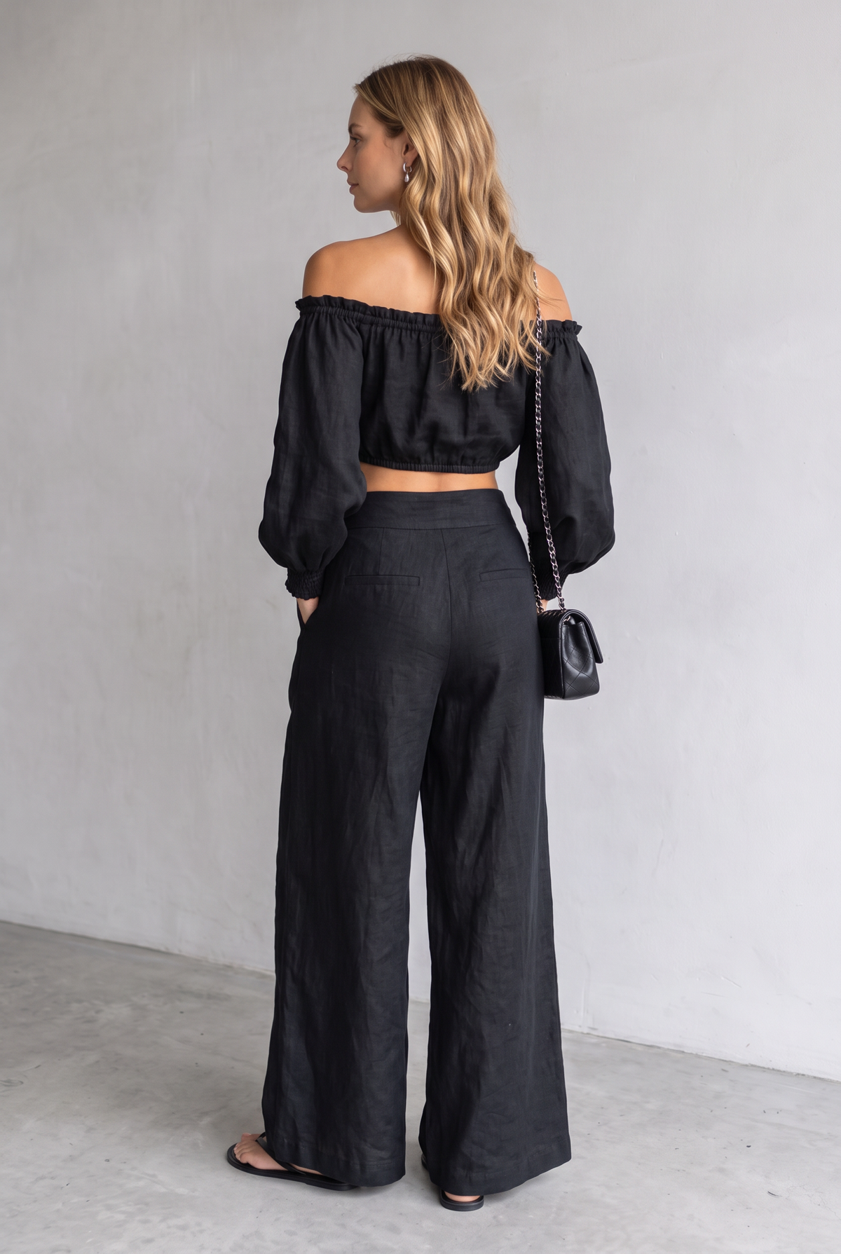 Strapless Linen Look Set With Wide-Leg Pants For Women