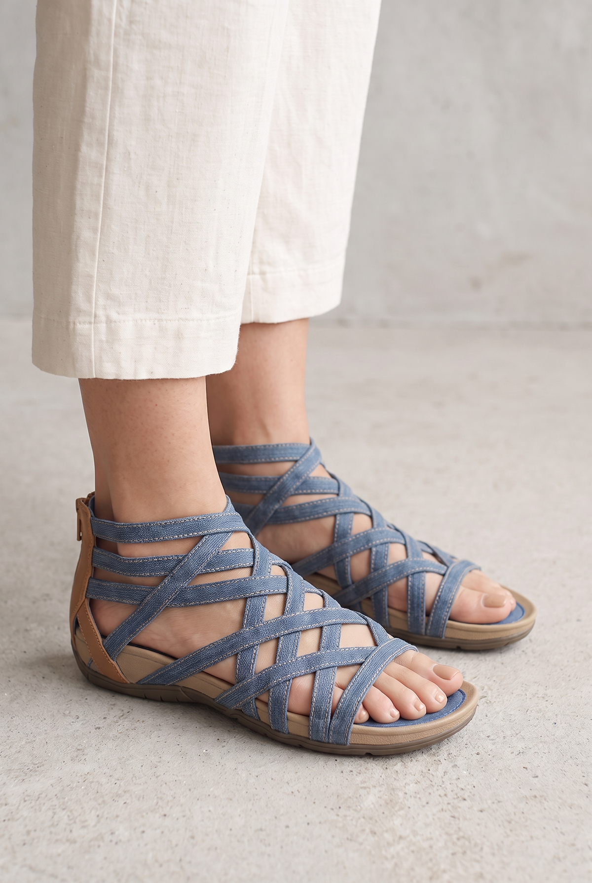 Leopard Strappy Elastic Flat Sandals For Women - Light Blue
