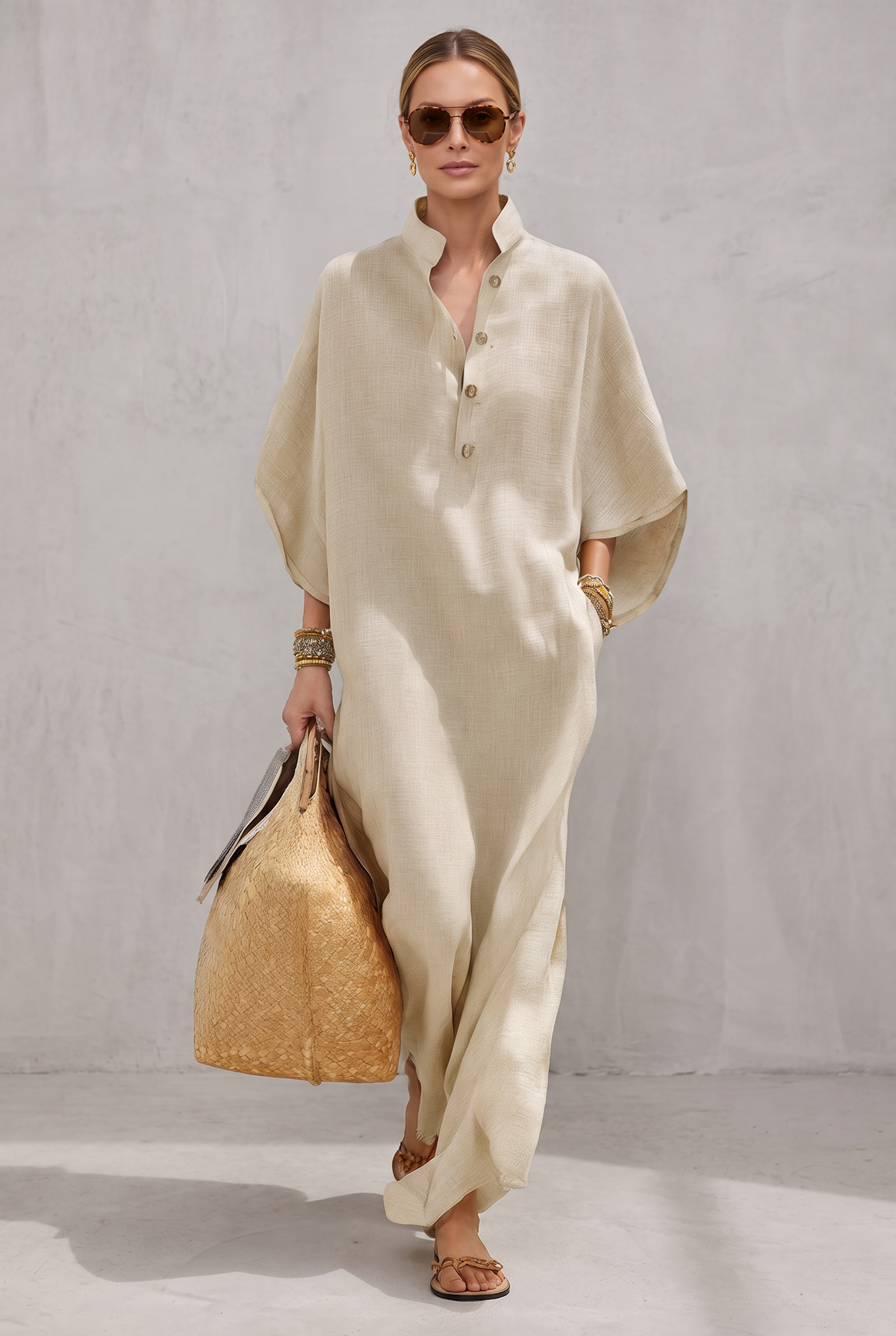 Women's Oatmeal Linen Dress With Mandarin Collar & Dolman Sleeves, Timeless Resort-Casual Style Dress