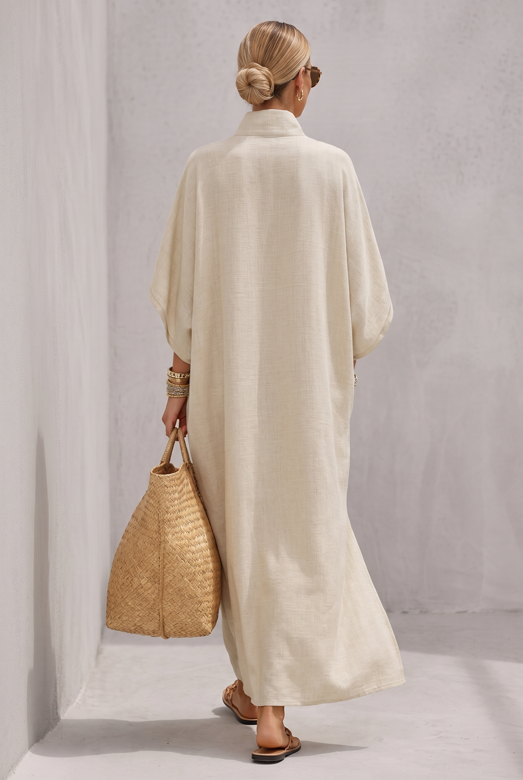 Women's Oatmeal Linen Dress With Mandarin Collar & Dolman Sleeves, Timeless Resort-Casual Style Dress