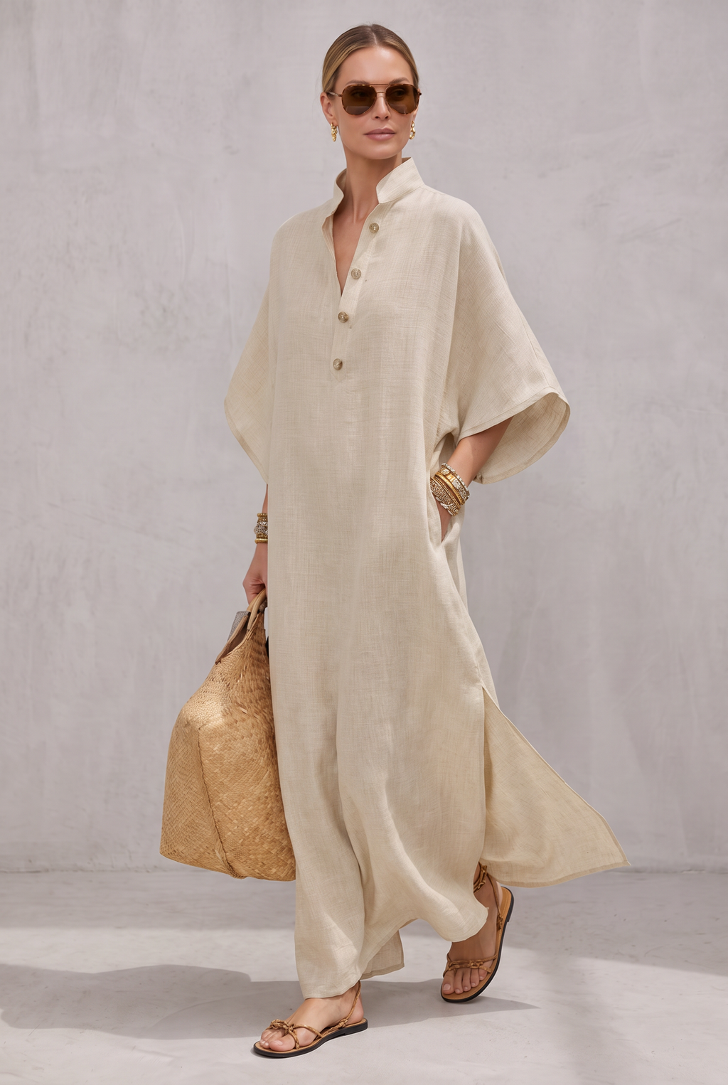Women's Oatmeal Linen Dress With Mandarin Collar & Dolman Sleeves, Timeless Resort-Casual Style Dress