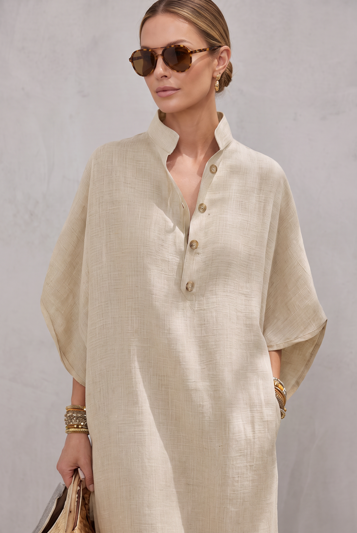 Women's Oatmeal Linen Dress With Mandarin Collar & Dolman Sleeves, Timeless Resort-Casual Style Dress