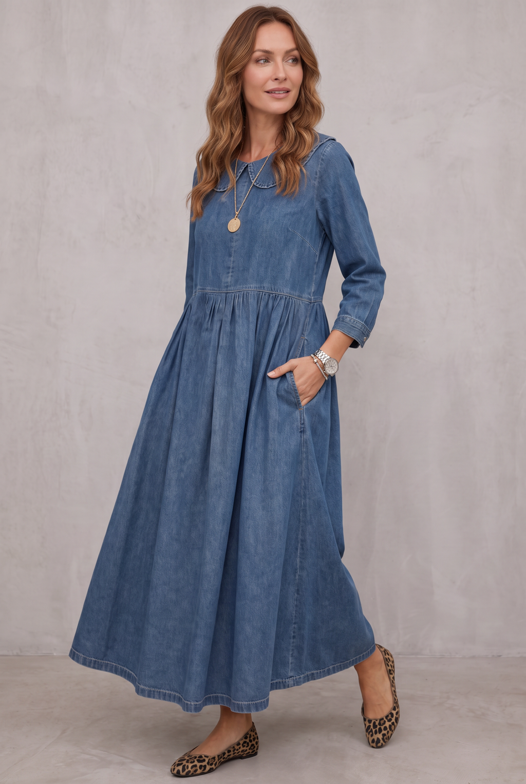 Collared Denim Dress with a Straight Cut