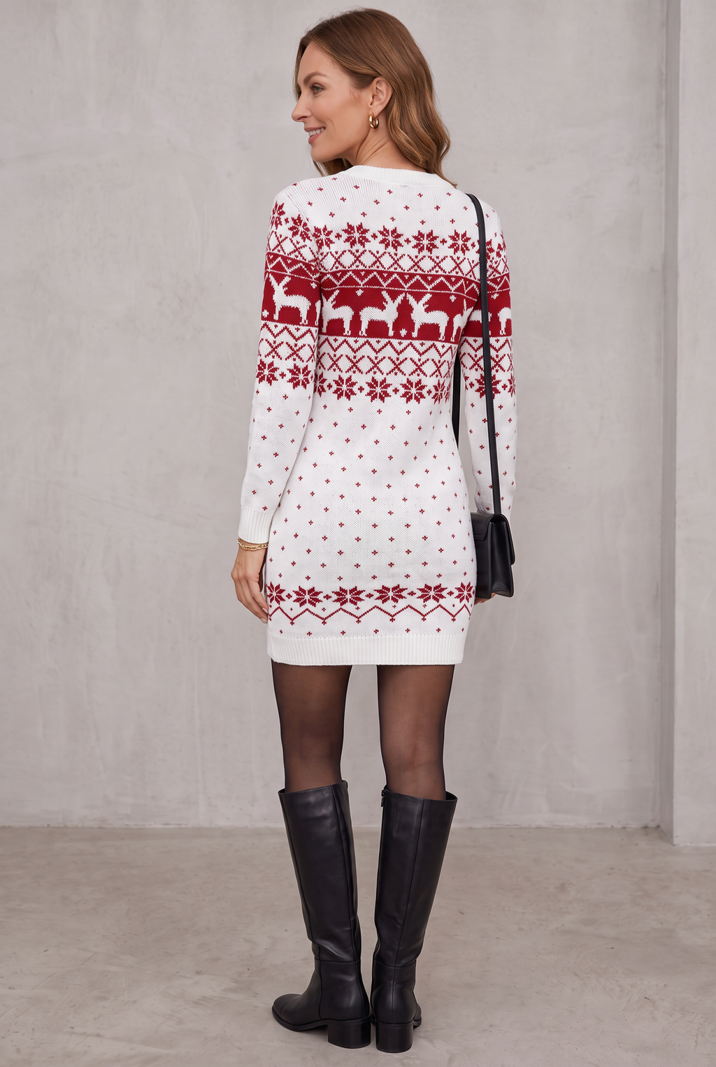 Cozy Fair Isle Women's Christmas Sweater Dress for Women with Crew Neck Long Sleeve Reindeer Bodycon Style