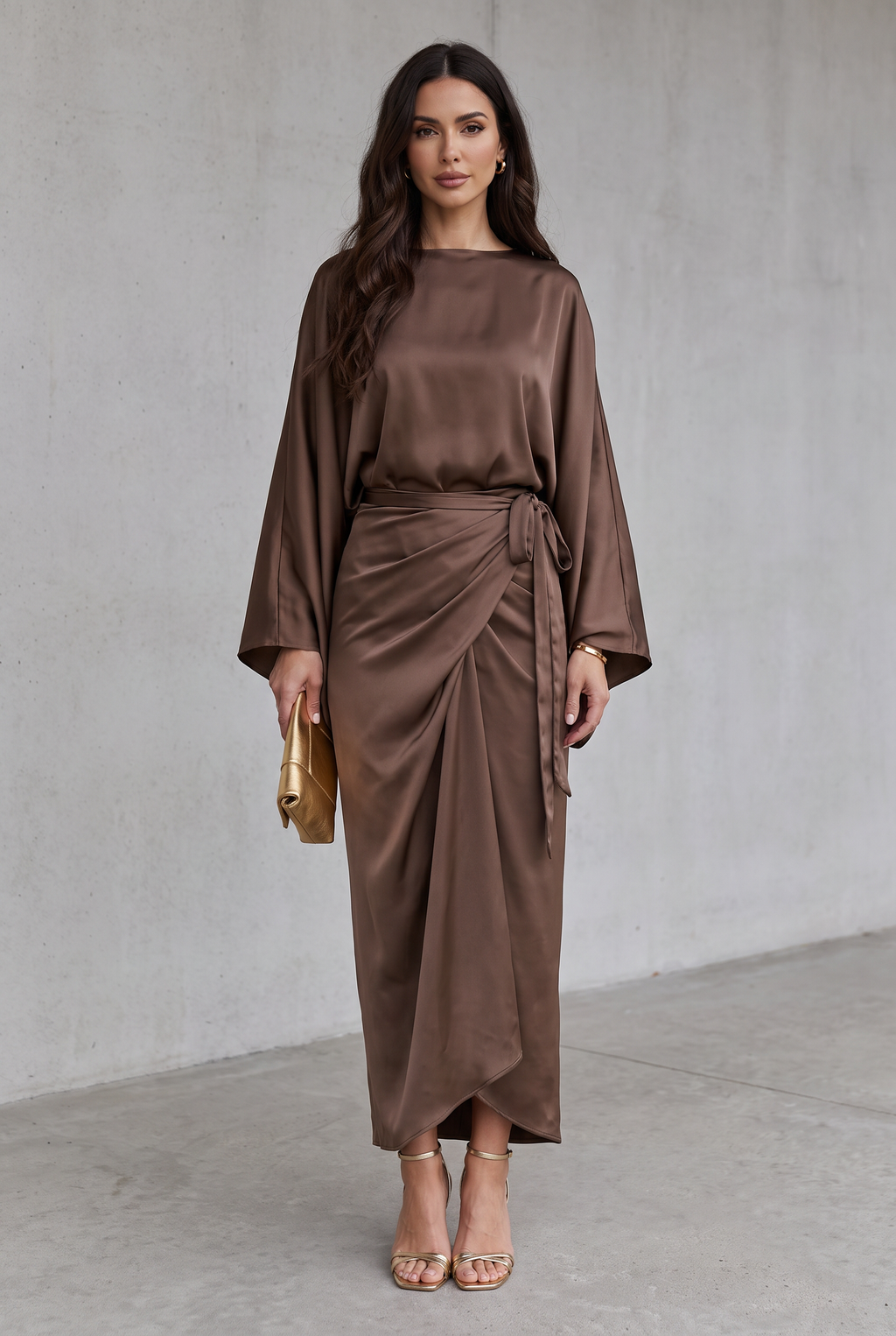 Satin Batwing Sleeve Maxi Dress