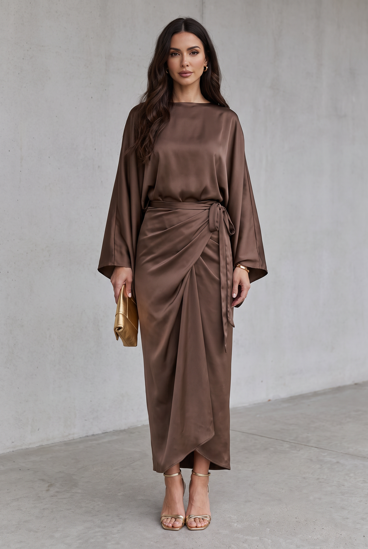 Satin Batwing Sleeve Maxi Dress