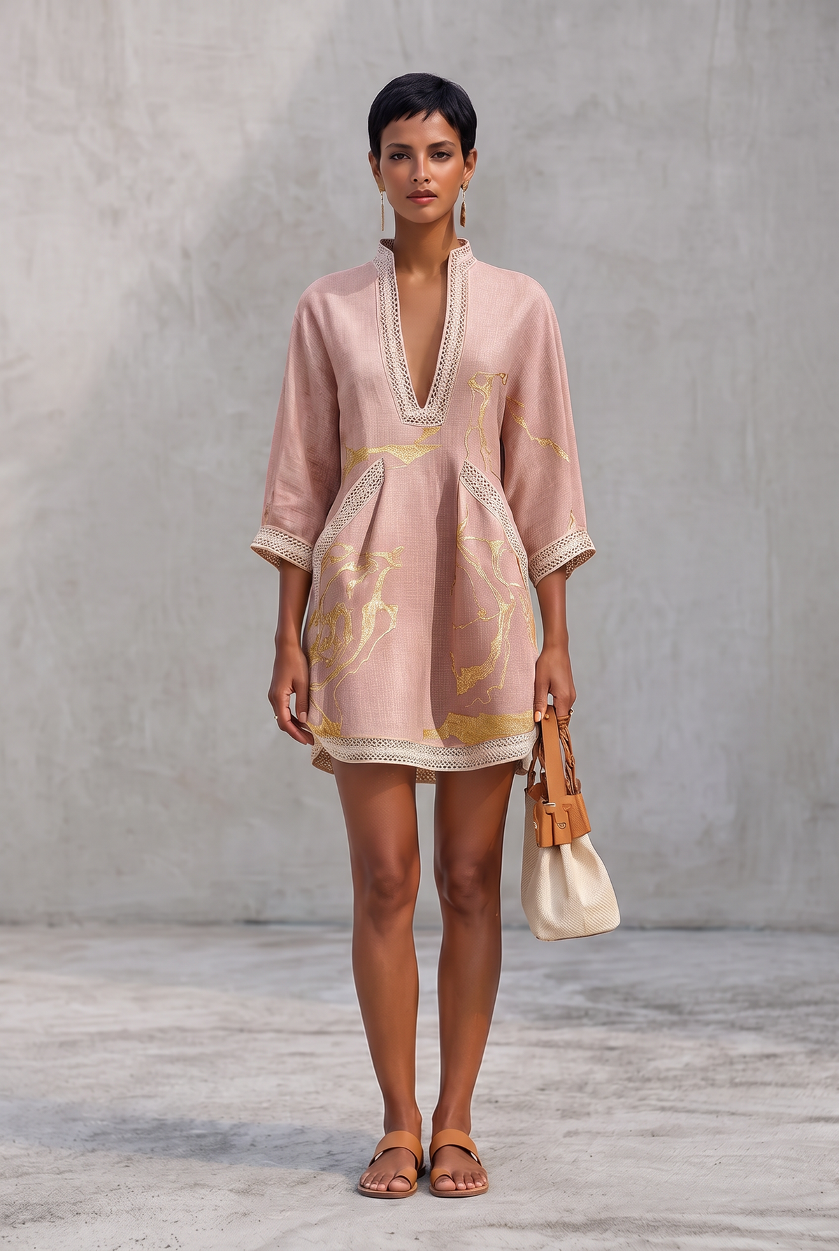 Artistic V-Neck Mini Dress - Pink