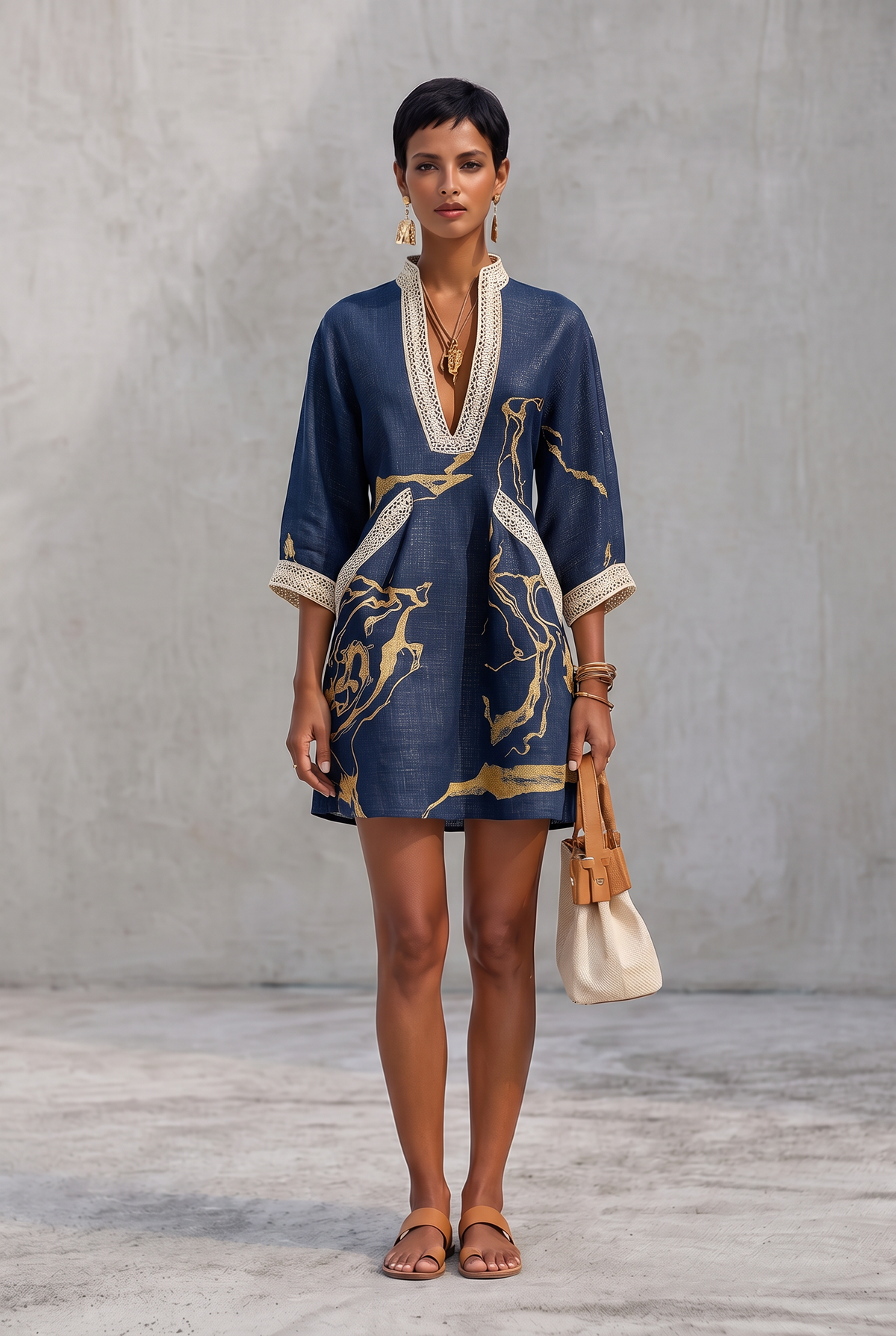 Artistic V-Neck Mini Dress - Blue