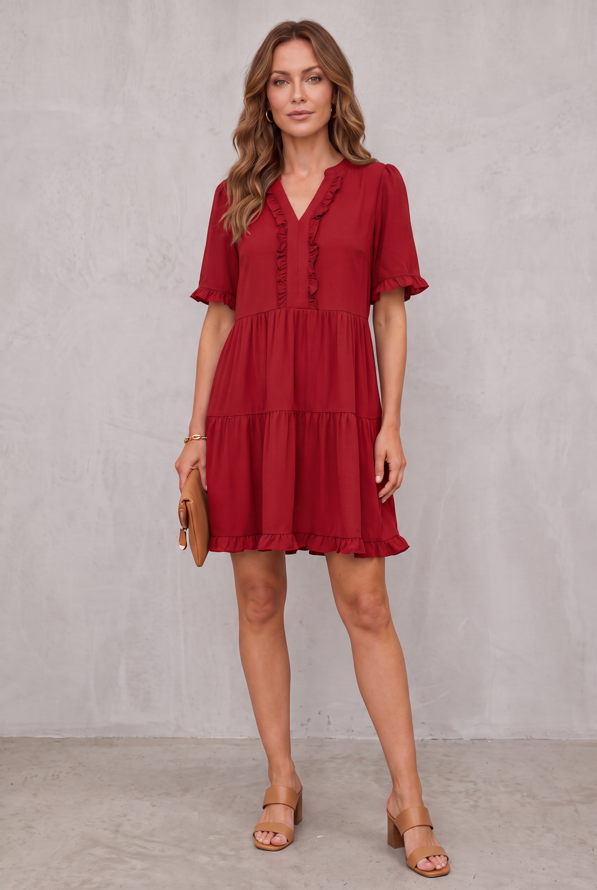 Casual V-Neck Mini Dress - Red
