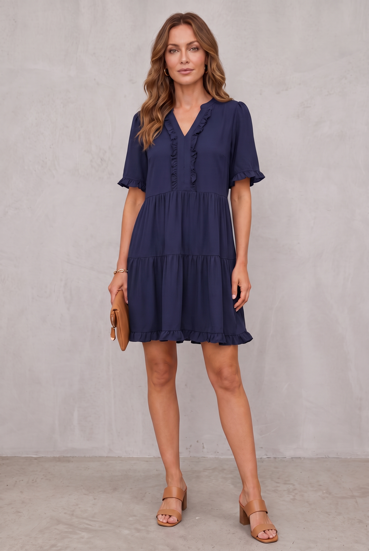 Casual V-Neck Mini Dress - Navy Blue