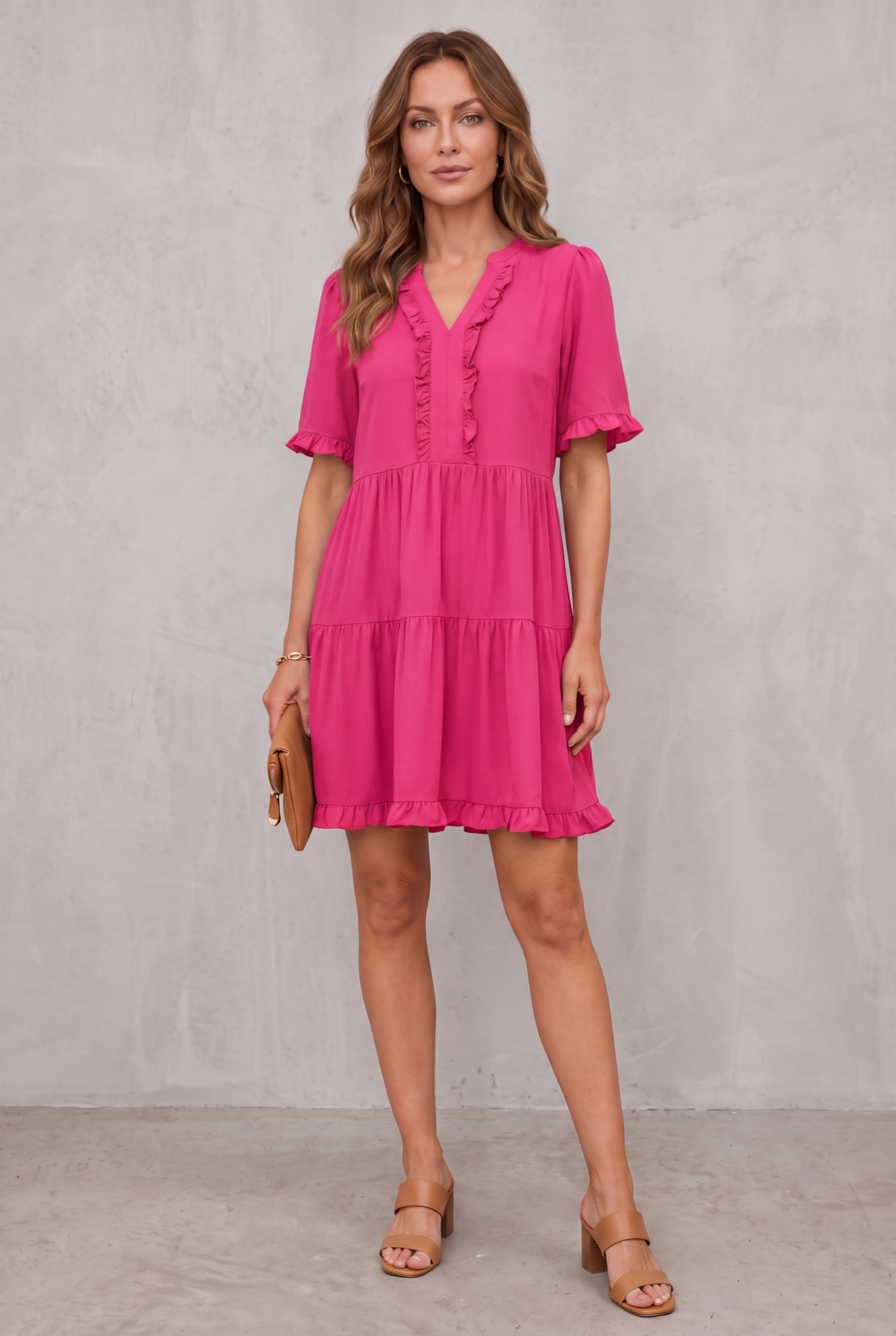 Casual V-Neck Mini Dress - Pink