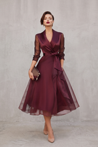 Sheer Sleeve Wrap Dress in Burgundy with Layered Hem