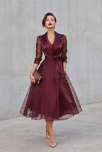 Belted Layered Midi Dress in Burgundy with Collar Detail
