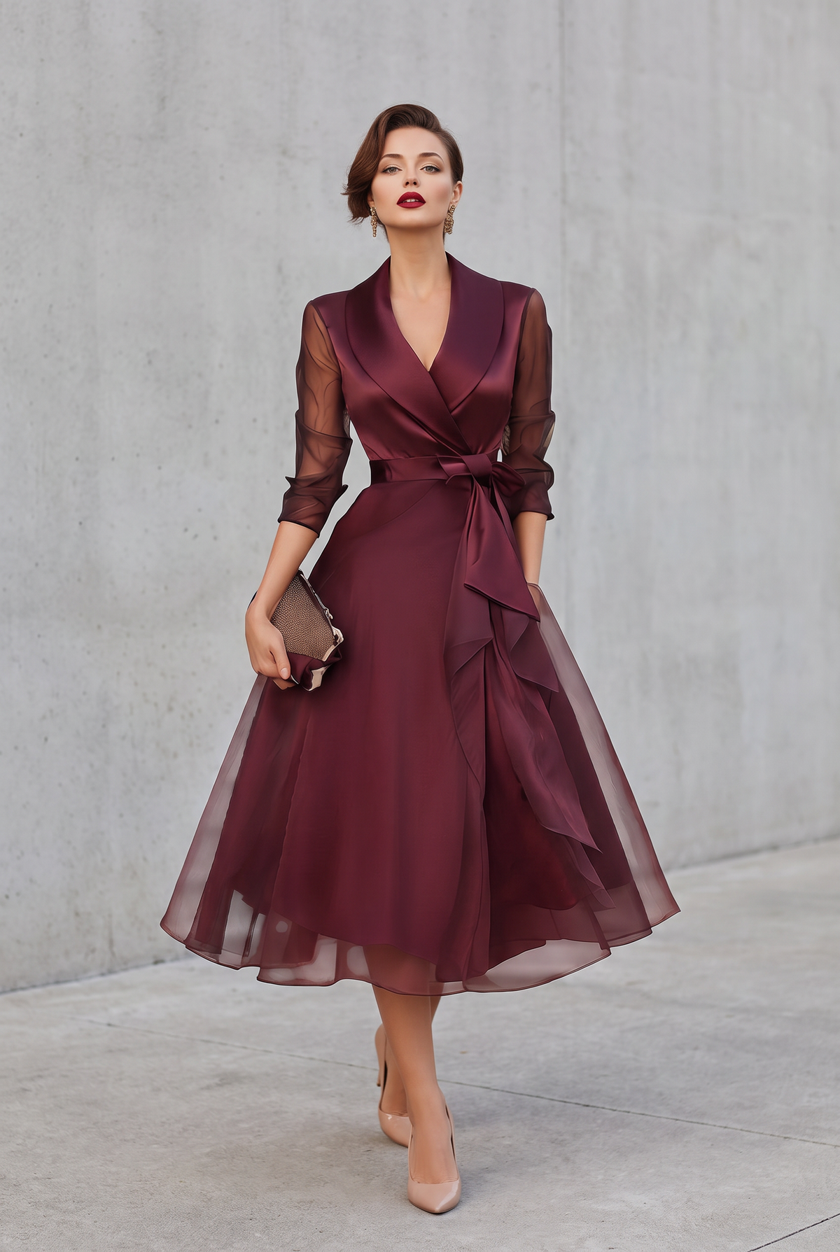 Belted Layered Midi Dress in Burgundy with Collar Detail