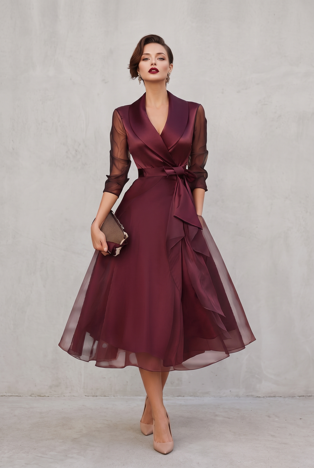 Fitted Waist Midi Wrap Dress in Deep Burgundy